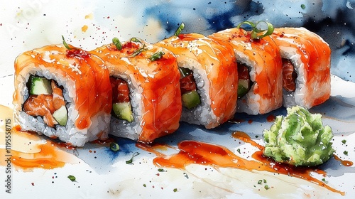 Watercolor painting of delicious salmon sushi rolls with wasabi. photo