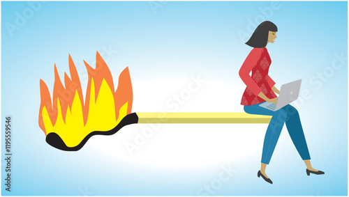 Woman sitting on burning match stick, working at laptop. Dimension 16:9. Vector illustration.