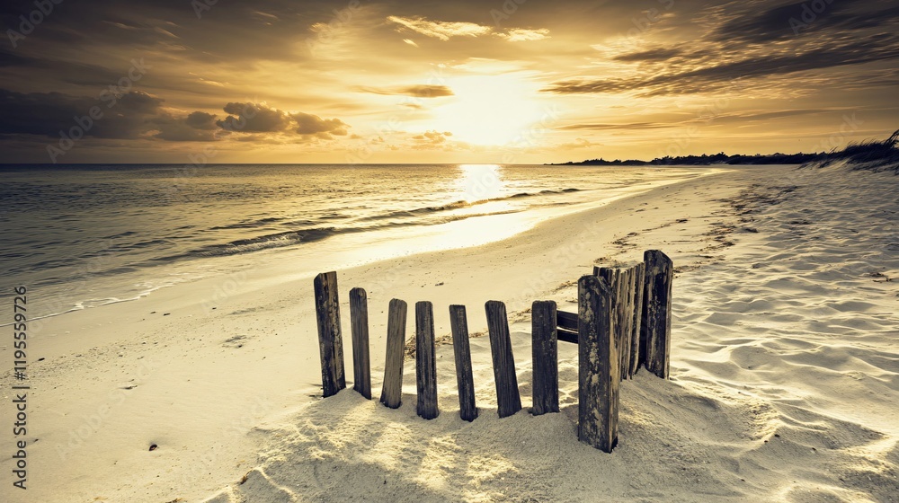 Golden Sunset Beach Scene with Weathered Wooden Fence Golden Sunset Beach Scene with Weathered Wooden Fence