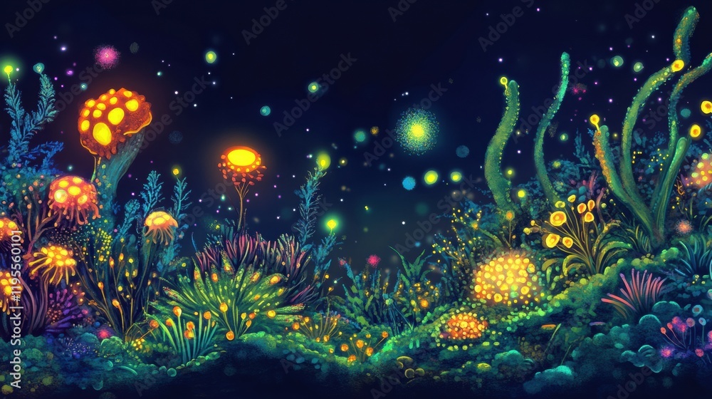 Fototapeta premium Exploring a vibrant microscopic ecosystem filled with friendly microbes under a starry backdrop. Generative AI