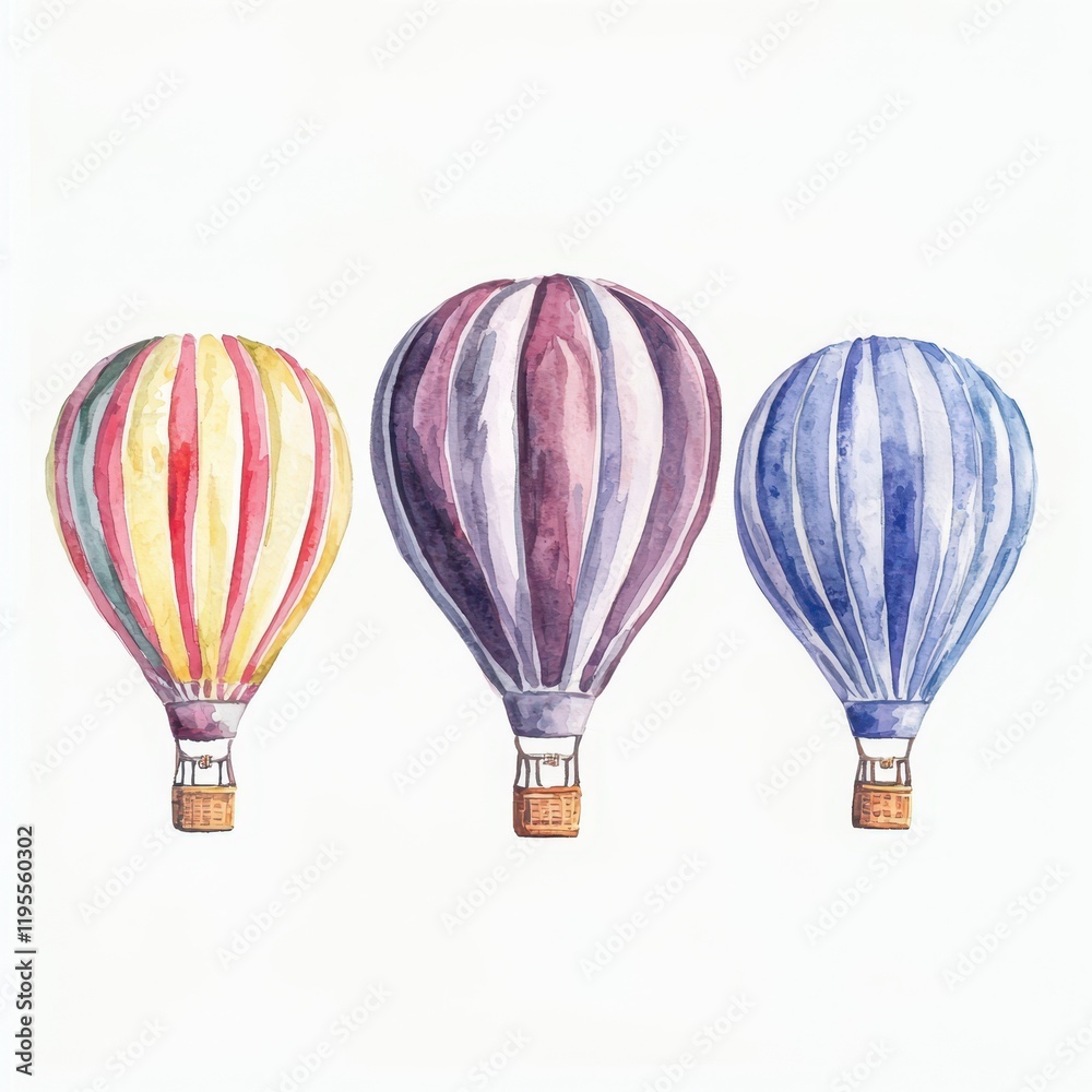 Fototapeta premium Watercolor hot air balloons ascend in a clear sky celebrating adventure and freedom landscape art