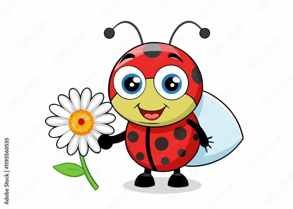 Cartoon Anthropomorphic Ladybug Holding Daisy Flower with Cheerful Expression Cartoon Anthropomorphic Ladybug Holding Daisy Flower with Cheerful Expression