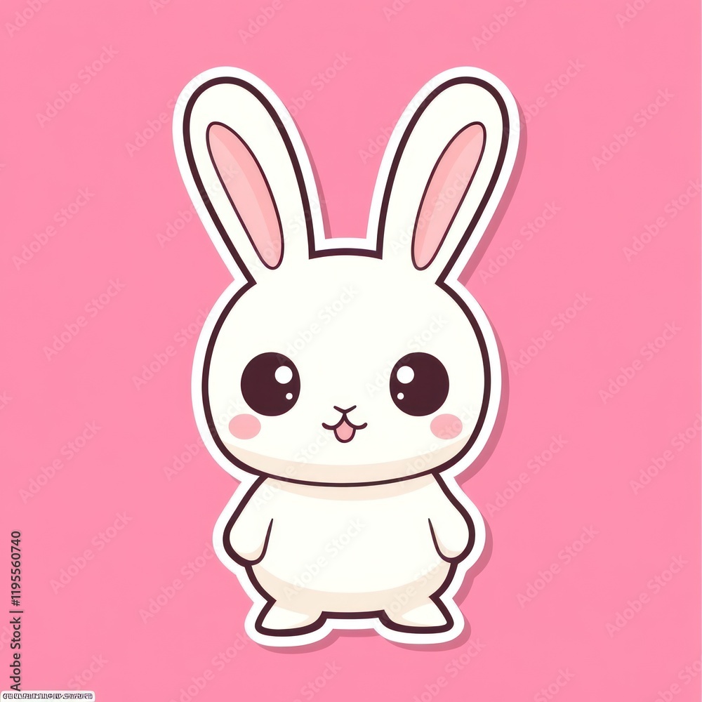 Cute white bunny sticker on pink background, digital illustration, kawaii style Cute white bunny sticker on pink background, digital illustration, kawaii style