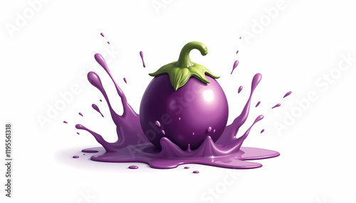Purple eggplant with splash effect on a white background
