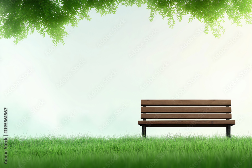Serene wooden bench in a lush grassy area under green tree canopy Serene wooden bench in a lush grassy area under green tree canopy