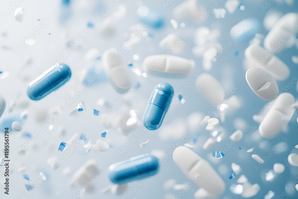 Dynamic composition of blue and white capsules floating amidst shattered particles on a soft blue background Dynamic composition of blue and white capsules floating amidst shattered particles on a soft blue background
