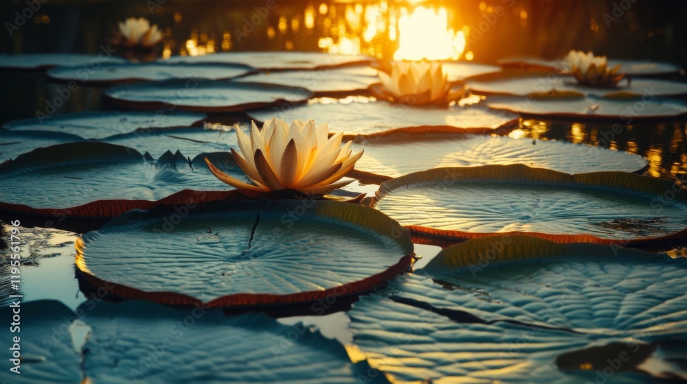 Obraz premium Sunset lighting on giant lilies in the Pantanal.