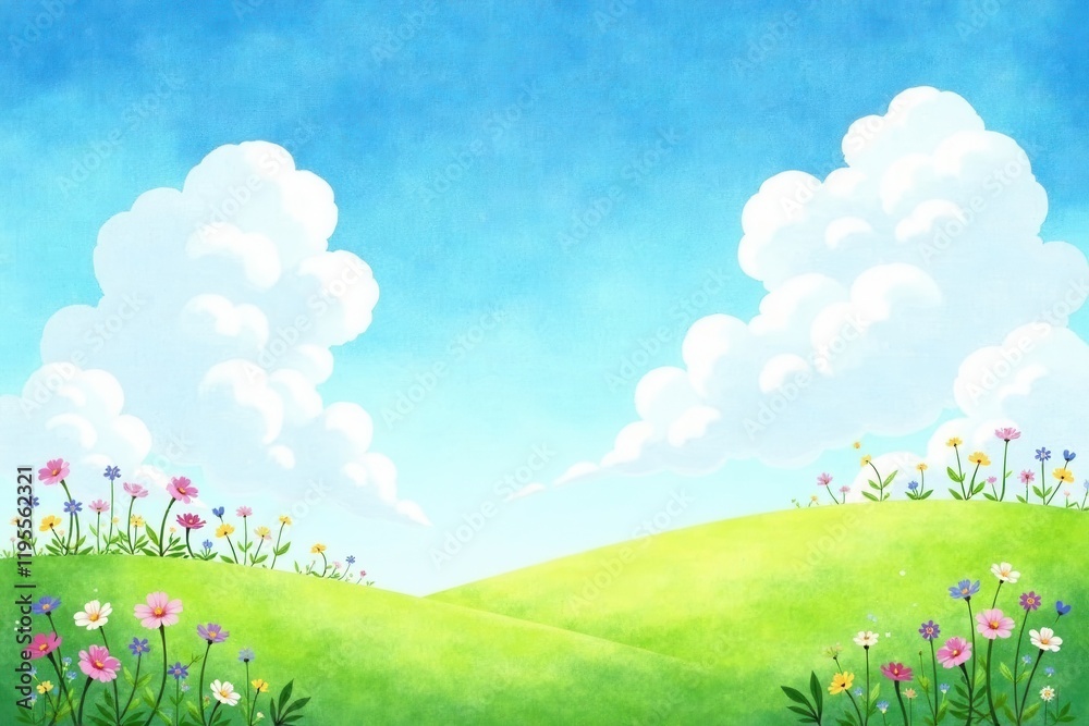 Serene Spring Meadow Landscape with Rolling Hills and Puffy Clouds Under a Vivid Blue Sky Serene Spring Meadow Landscape with Rolling Hills and Puffy Clouds Under a Vivid Blue Sky