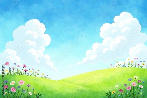 Serene Spring Meadow Landscape with Rolling Hills and Puffy Clouds Under a Vivid Blue Sky