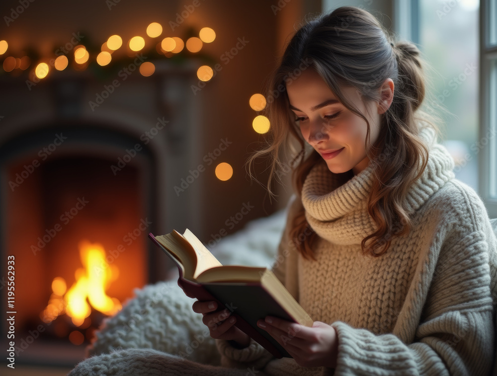 Cozy winter reading - woman in knit sweater enjoying a book indoors Cozy winter reading - woman in knit sweater enjoying a book indoors