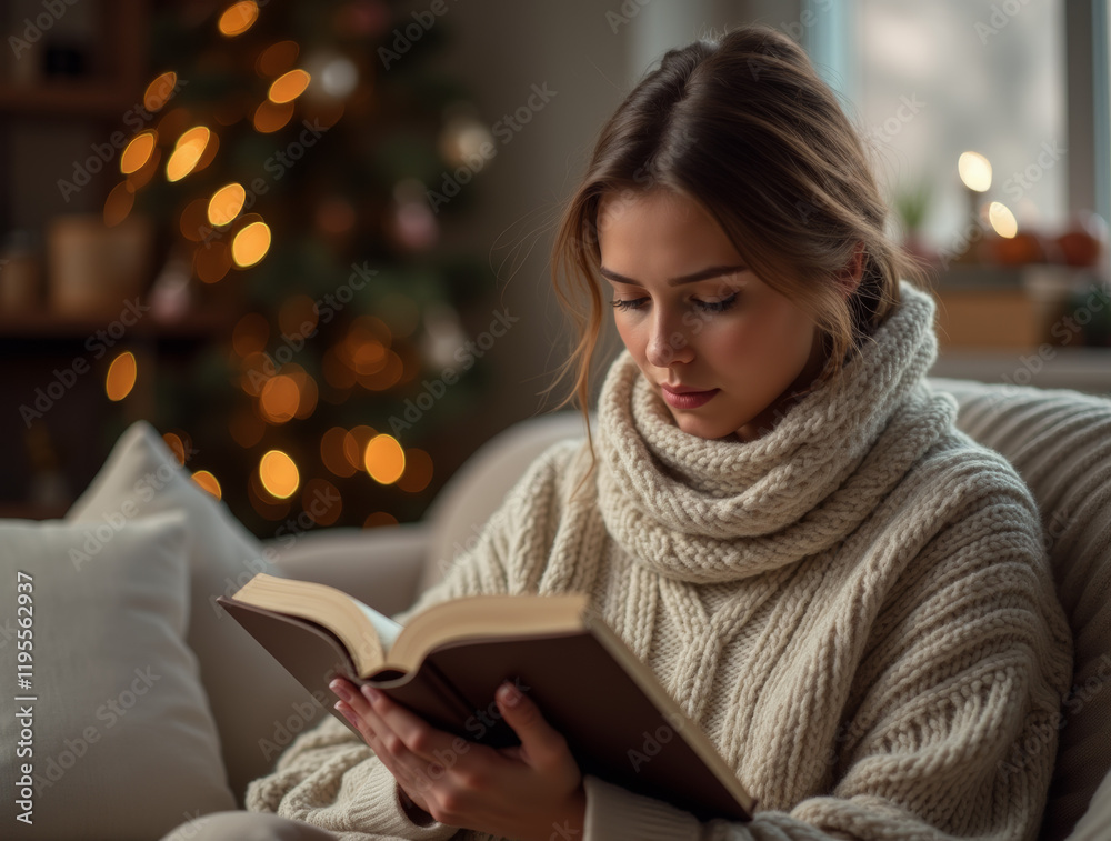Cozy winter reading - woman in knit sweater enjoying a book indoors