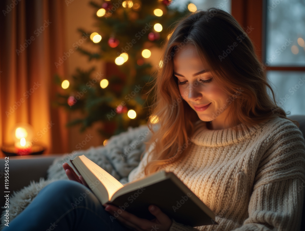 Cozy winter reading - woman in knit sweater enjoying a book indoors Cozy winter reading - woman in knit sweater enjoying a book indoors