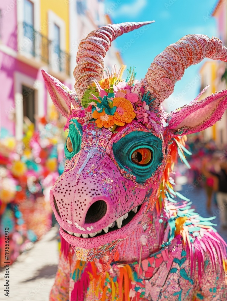 Obraz premium A person in a bright animal costume at the Santos Populares festival in Portugal, adding playful and colorful energy to the celebration