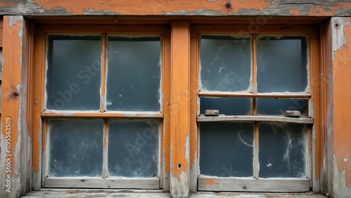 Wooden windows with cracked, rotted wood, scratched glass, warped frames, and deteriorating joints due to weathering.
 photo