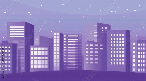 Purple Cityscape at Night, Flat Vector Illustration