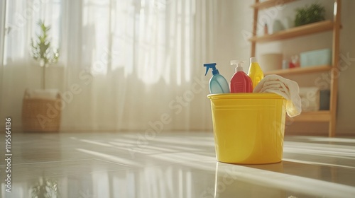 Cleaning products in a bucket standing on the floor in the room.
