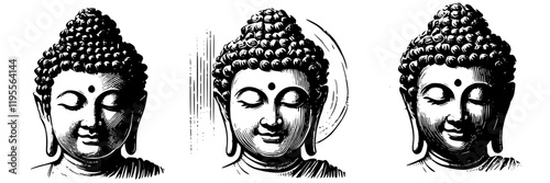 Three vector sketches of buddha head