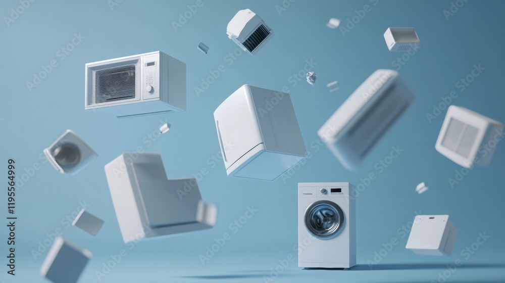 Refrigerator, stove and microwave in a state of levitation on a blue background. Refrigerator, stove and microwave in a state of levitation on a blue background.