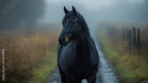 a black horse on road 