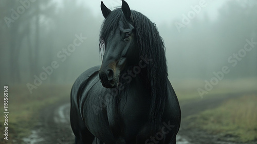 a black horse on road 