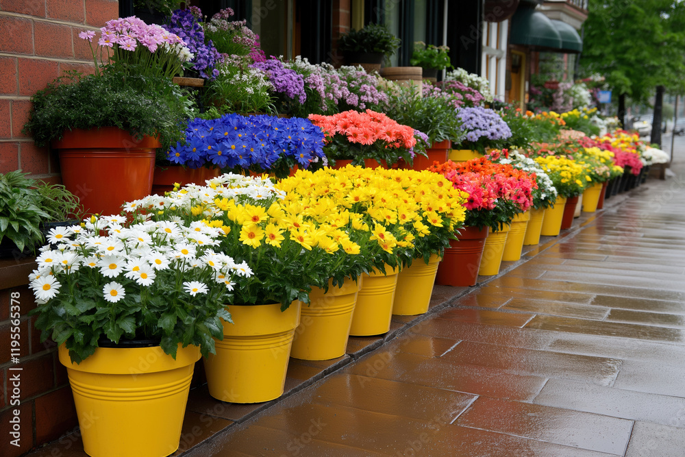 Brightly colored flower pots line a city sidewalk on a sunny day in spring Brightly colored flower pots line a city sidewalk on a sunny day in spring
