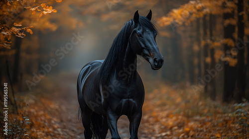 a black horse on road 