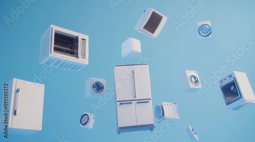 A group of household appliances, including a refrigerator and a washing machine, in a state of levitation on a blue background.