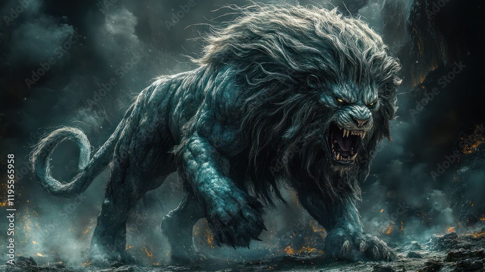 A powerful, dark-grey lion with a fierce expression, standing amidst fiery ground and dark clouds.