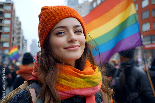 Portrait of young people rallying for LGBTQ+ rights at a Pride month parade with diversity and rainbow flags