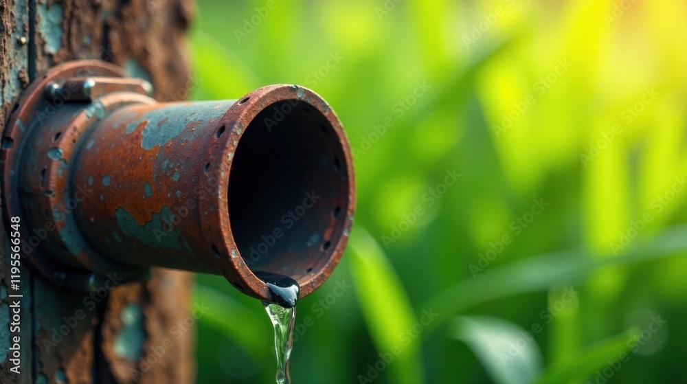 Rusty pipe with water dripping against a vibrant green background Rusty pipe with water dripping against a vibrant green background