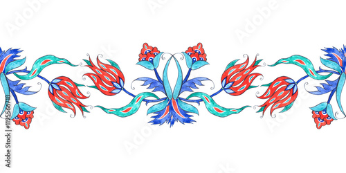 Turkish tulip flowers and leaves, fantasy decor element. Seamless pattern, border of watercolor illustrations in oriental style. For design, souvenirs, printing, textiles, wallpaper