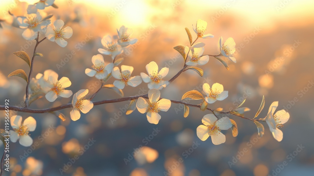 Fototapeta premium Sunlit cherry blossoms at sunset with soft golden glow