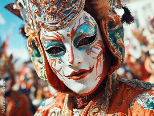 A festival participant in a bright, colourful costume, adding vibrancy and energy to the Santos Populares celebration in Portugal photo