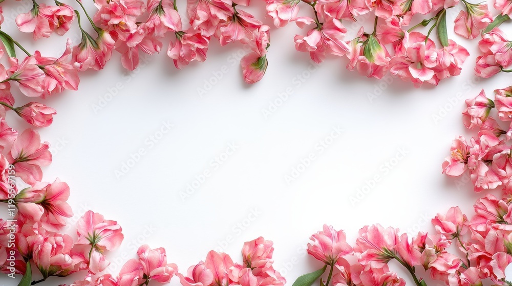 Pink flowers border on white background with delicate blooming petals Pink flowers border on white background with delicate blooming petals