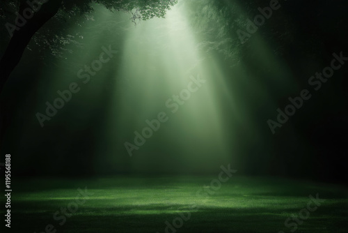 Light beams filtering through trees in a serene forest clearing at dusk