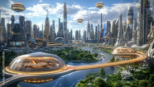 futuristic cityscape and digital concept. Futuristic cityscape with advanced architecture and flying vehicles over lush greenery.