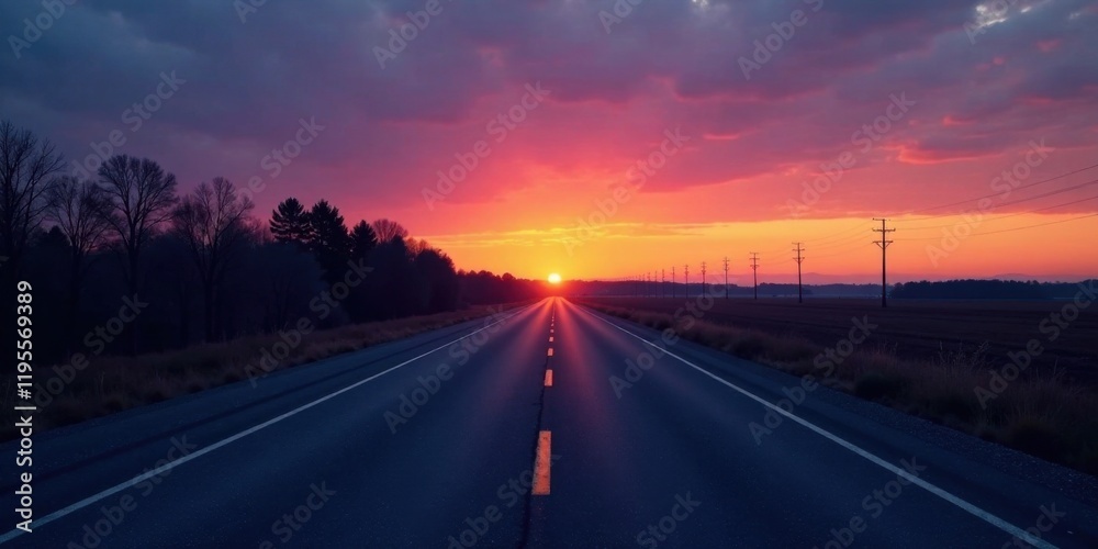 A scenic asphalt road stretches towards a vibrant sunset, silhouetted trees lining the horizon, power lines extending into the distance, promising adventure and the open road A scenic asphalt road stretches towards a vibrant sunset, silhouetted trees lining the horizon, power lines extending into the distance, promising adventure and the open road