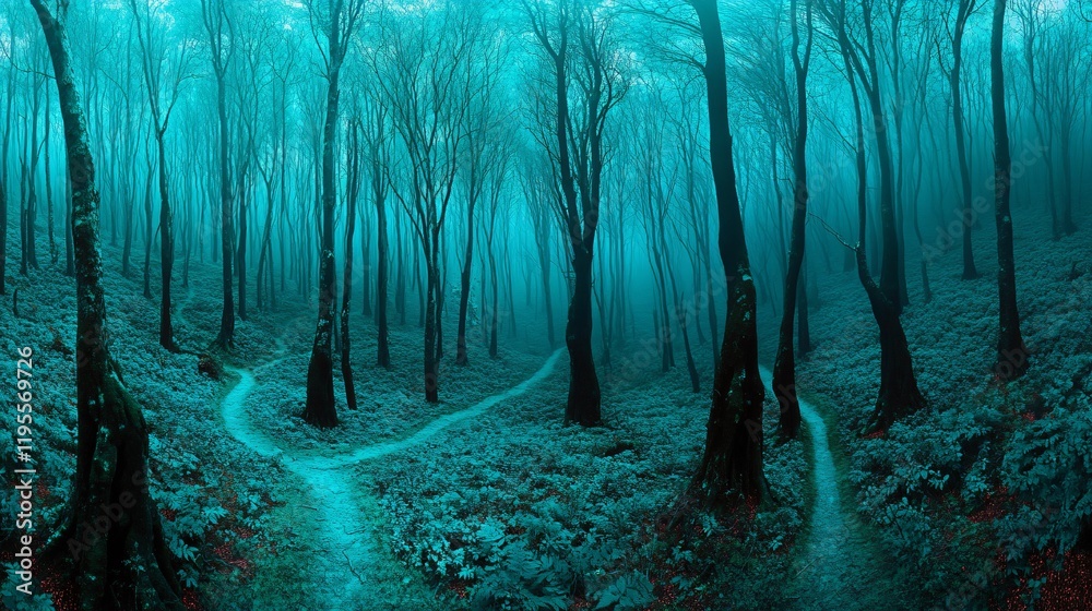 Obraz premium Enchanted Teal Forest Path: Mystical Foggy Woods with Splitting Trails