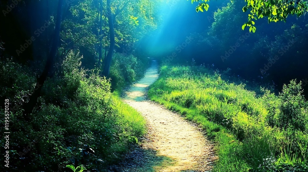 Obraz premium Enchanted Forest Path: Sunlit Green Trail in Lush Woods