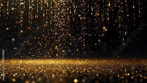 A shimmering gold-toned image with cascading particles and a ground of reflective light. 