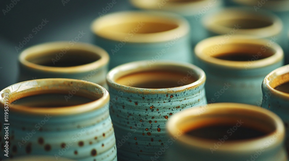 Rustic Teal Ceramic Mugs Collection Closeup Rustic Teal Ceramic Mugs Collection Closeup