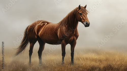 The horse on the grassland with fog