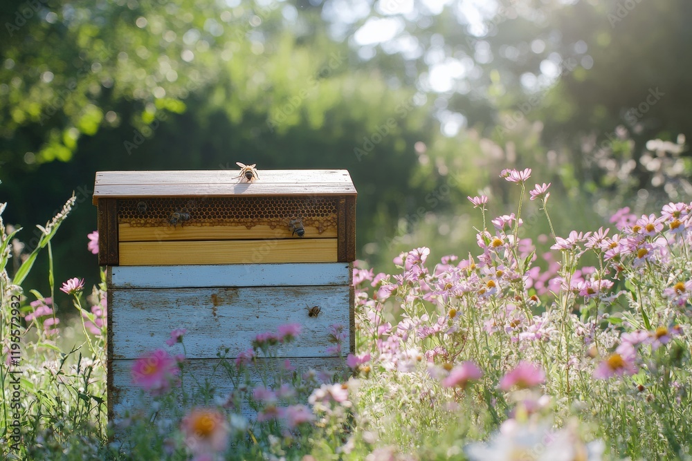 A beehive box in a sunny flower-filled meadow. A beehive box in a sunny flower-filled meadow.