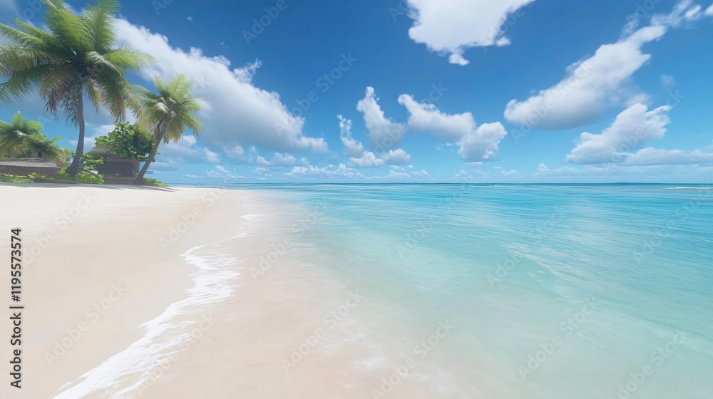 Serene Tropical Beach Scene: Palm Trees, White Sand, and Turquoise Ocean Serene Tropical Beach Scene: Palm Trees, White Sand, and Turquoise Ocean