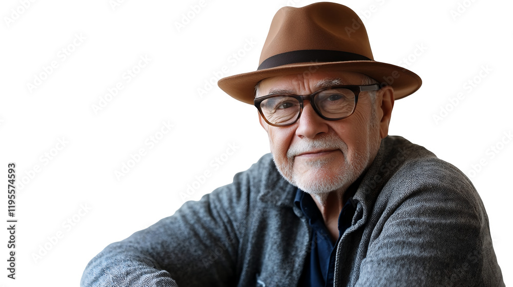 An elderly man wearing a classic fedora and glasses isolated on a transparent background, PNG An elderly man wearing a classic fedora and glasses isolated on a transparent background, PNG