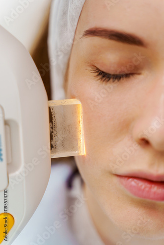 Ultrasound laser facial pigmentation treatment in medicine center. IPL face pigmentation therapy by beautician. Care after skin pigmentation procedure.