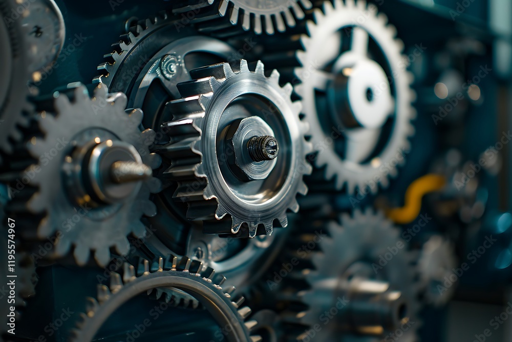 Closeup of intricate metal gears interlocked, showcasing precision engineering and mechanical complexity. Dark background emphasizes details. Closeup of intricate metal gears interlocked, showcasing precision engineering and mechanical complexity. Dark background emphasizes details.