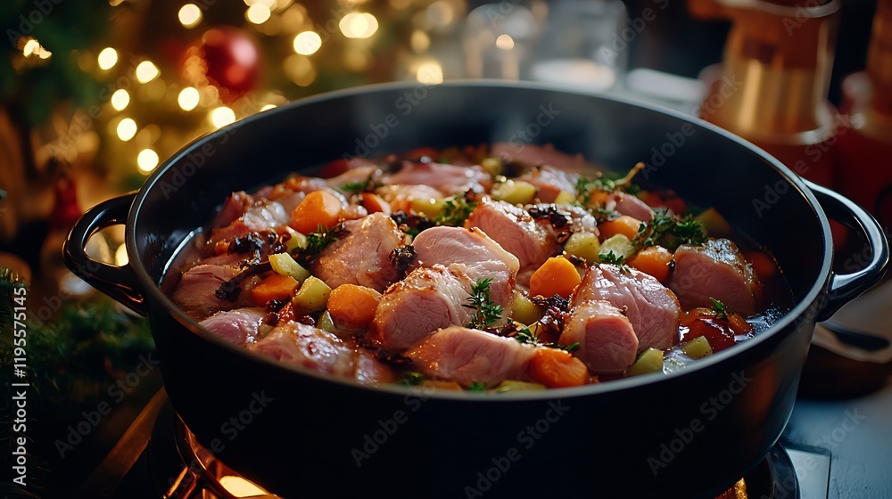 Cooking a festive meal roast pork with rind in diamond shapes and larded with cloves laid in a casserole with vegetables and broth ready for the oven selected focus narrow depth of field Cooking a festive meal roast pork with rind in diamond shapes and larded with cloves laid in a casserole with vegetables and broth ready for the oven selected focus narrow depth of field