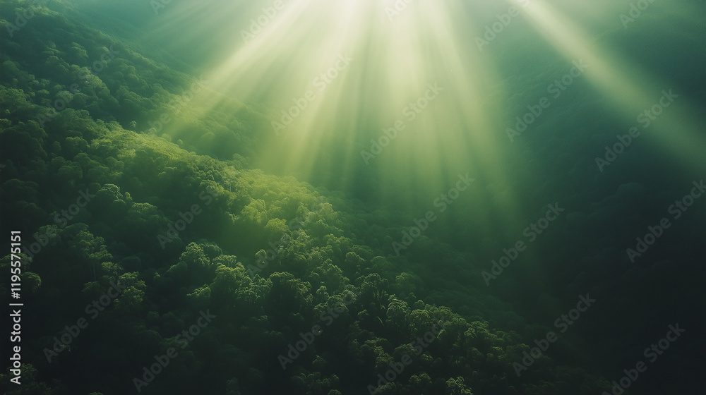 Fototapeta premium Golden Rays of Sunlight Filtering Through Trees in a Serene Green Forest Tranquil Nature Photography
