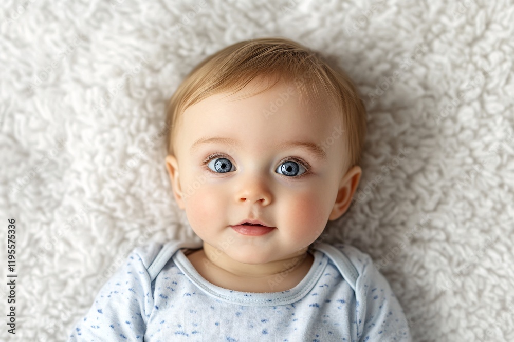 Adorable baby lying on soft blanket, showing curiosity and happiness Adorable baby lying on soft blanket, showing curiosity and happiness